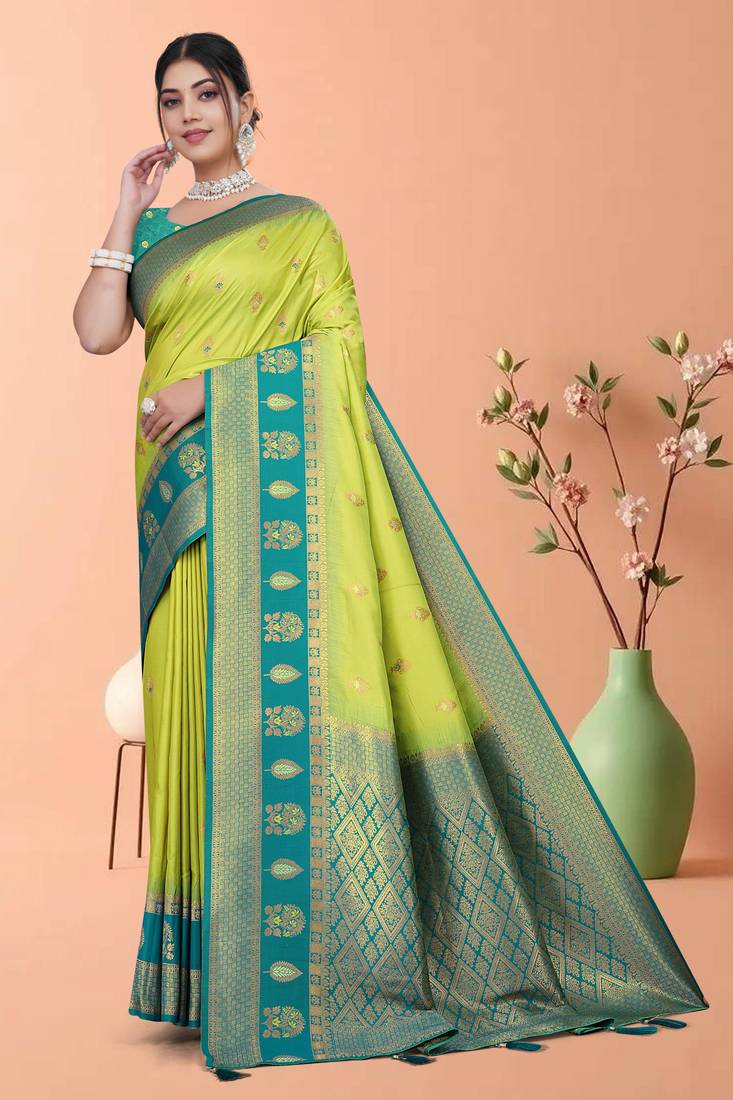 Parrot Green Banarasi Silk Blend Saree with Gold Zari Butta & Teal Heavy Woven Border by Maharanga