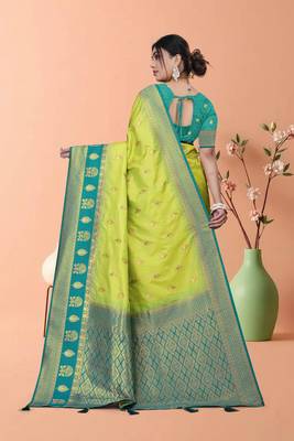 Parrot Green Banarasi Silk Blend Saree with Gold Zari Butta & Teal Heavy Woven Border by Maharanga 4