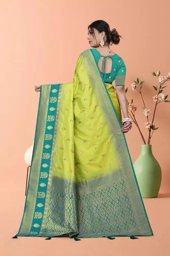 Parrot Green Banarasi Silk Blend Saree with Gold Zari Butta & Teal Heavy Woven Border by Maharanga