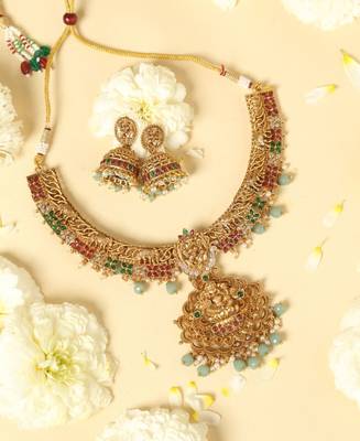 gold plated temple jewellery set with lakshmi motifs 1