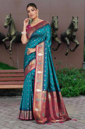 Teal Blue Banarasi Silk Blend Saree with Gold Zari Butta & Magenta Woven Border by Maharanga