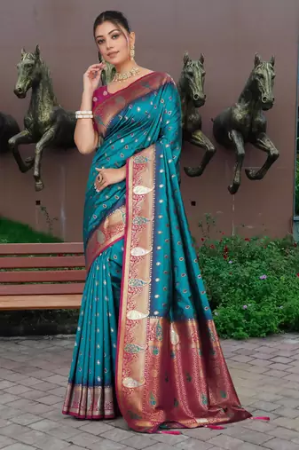 Teal Blue Banarasi Silk Blend Saree with Gold Zari Butta & Magenta Woven Border by Maharanga