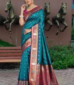 Teal Blue Banarasi Silk Blend Saree with Gold Zari Butta & Magenta Woven Border by Maharanga