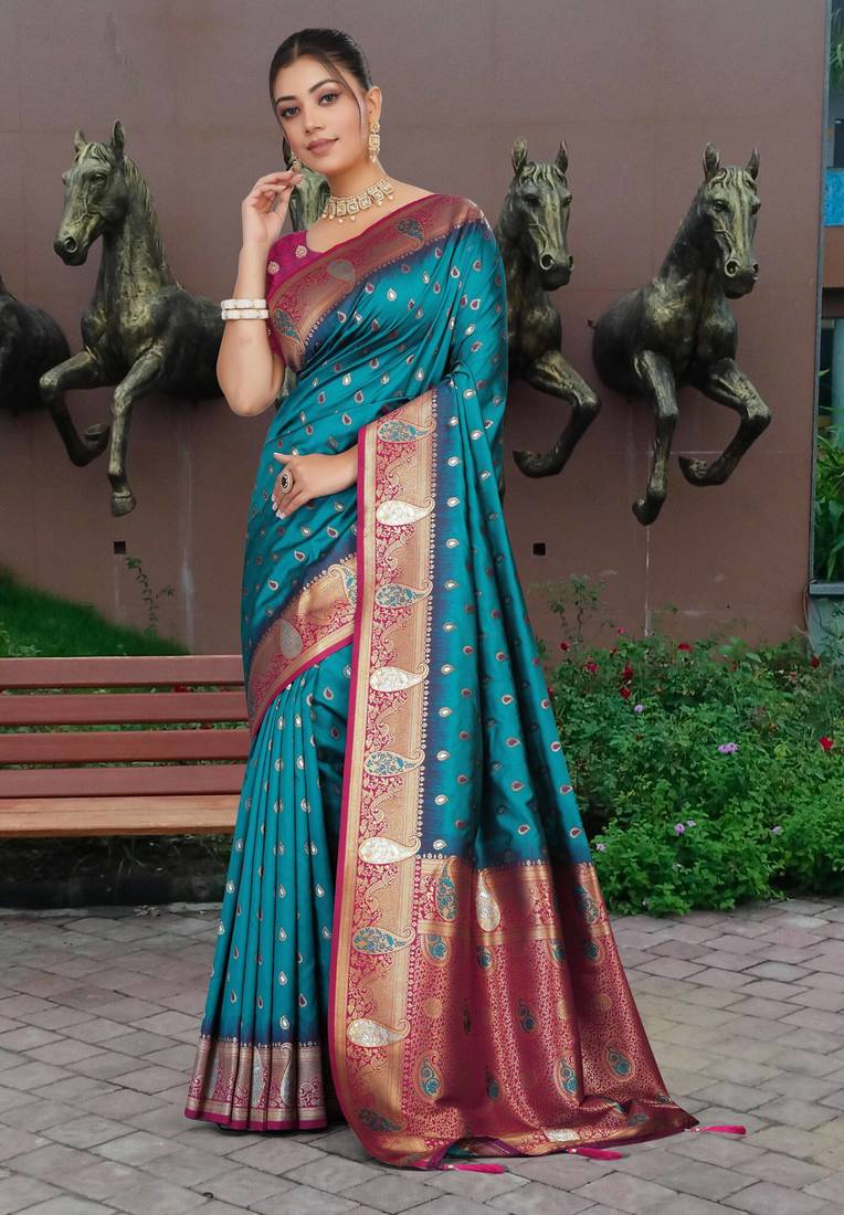 Teal Blue Banarasi Silk Blend Saree with Gold Zari Butta & Magenta Woven Border by Maharanga