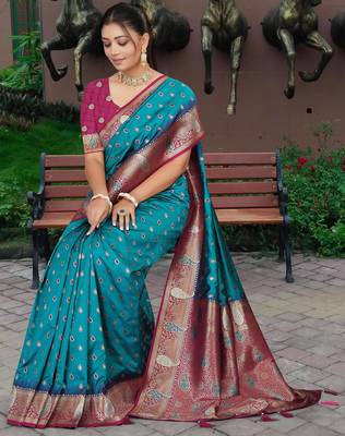 Teal Blue Banarasi Silk Blend Saree with Gold Zari Butta & Magenta Woven Border by Maharanga 2