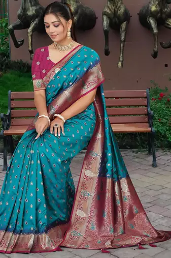 Teal Blue Banarasi Silk Blend Saree with Gold Zari Butta & Magenta Woven Border by Maharanga