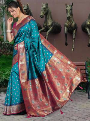 Teal Blue Banarasi Silk Blend Saree with Gold Zari Butta & Magenta Woven Border by Maharanga 3