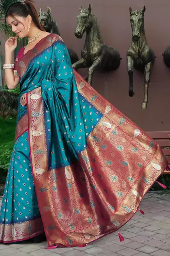 Teal Blue Banarasi Silk Blend Saree with Gold Zari Butta & Magenta Woven Border by Maharanga