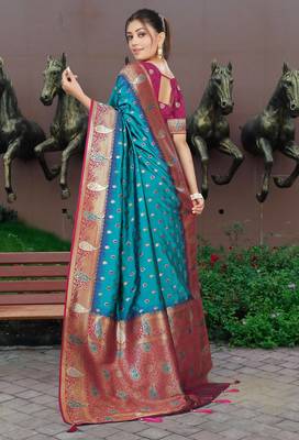 Teal Blue Banarasi Silk Blend Saree with Gold Zari Butta & Magenta Woven Border by Maharanga 4