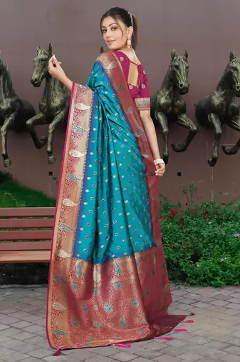 Teal Blue Banarasi Silk Blend Saree with Gold Zari Butta & Magenta Woven Border by Maharanga