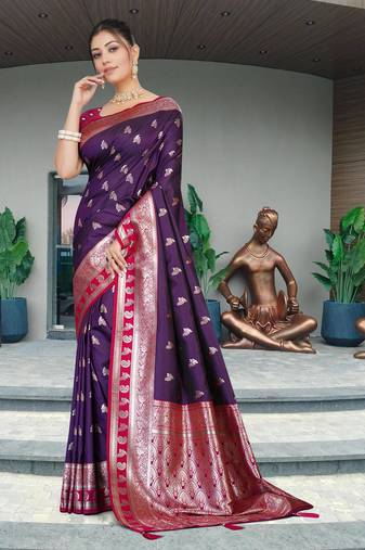 Royal Purple Banarasi Silk Blend Saree with Gold Zari Butta & Red Rich Woven Border by Maharanga