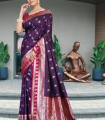 Royal Purple Banarasi Silk Blend Saree with Gold Zari Butta & Red Rich Woven Border by Maharanga