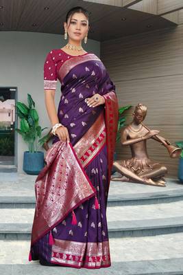 Royal Purple Banarasi Silk Blend Saree with Gold Zari Butta & Red Rich Woven Border by Maharanga 2