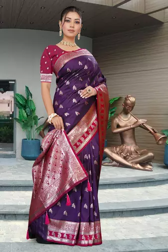 Royal Purple Banarasi Silk Blend Saree with Gold Zari Butta & Red Rich Woven Border by Maharanga