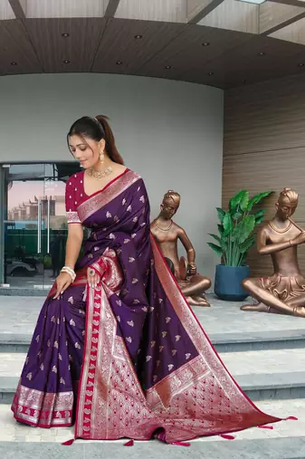 Royal Purple Banarasi Silk Blend Saree with Gold Zari Butta & Red Rich Woven Border by Maharanga