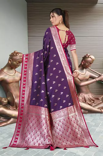 Royal Purple Banarasi Silk Blend Saree with Gold Zari Butta & Red Rich Woven Border by Maharanga