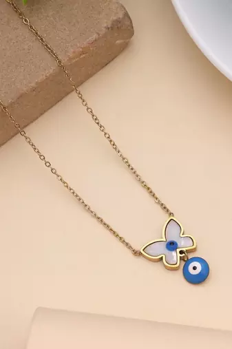 Blue color evil eye stainless steel anti tarnish necklace