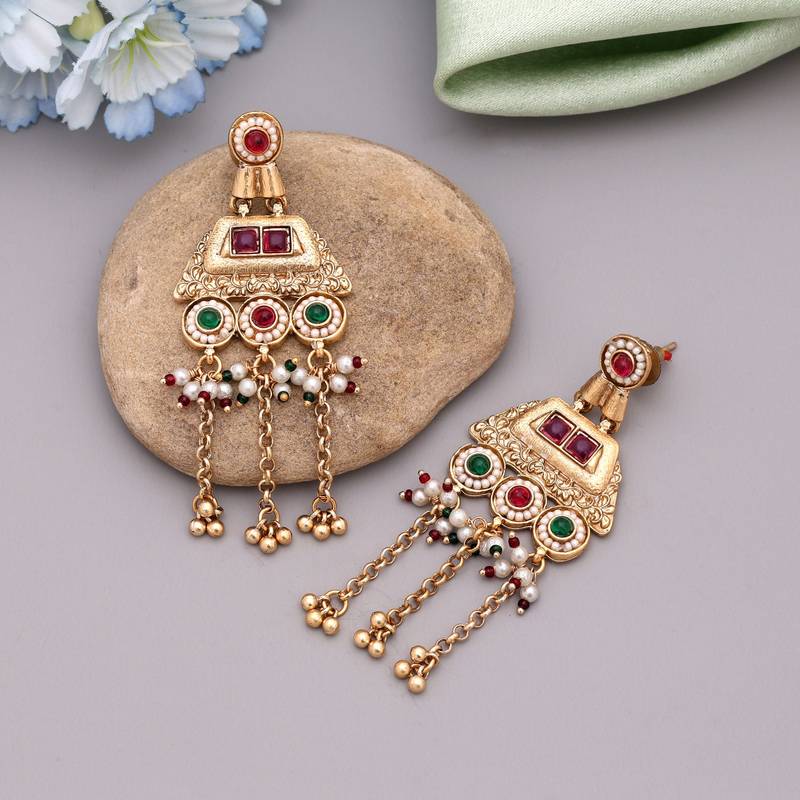 Rani & green color matte gold earrings