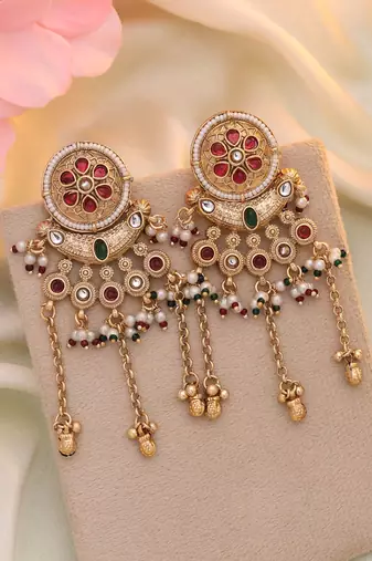 Rani & green color matte gold earrings