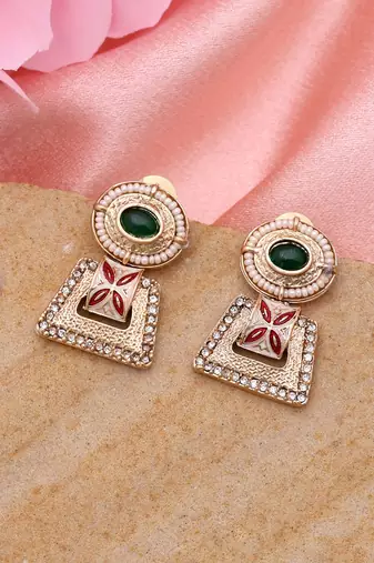 Maroon & green color matte gold earrings