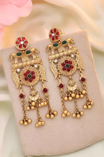 Rani & green color matte gold earrings