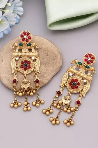 Rani & green color matte gold earrings