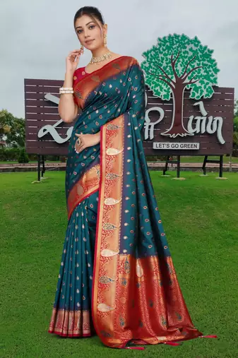 Teal Blue Banarasi Silk Blend Saree with Gold Zari Butta & Rich Red Woven Border by Maharanga