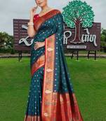 Teal Blue Banarasi Silk Blend Saree with Gold Zari Butta & Rich Red Woven Border by Maharanga