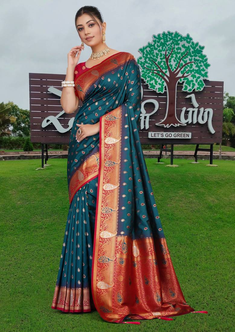 Teal Blue Banarasi Silk Blend Saree with Gold Zari Butta & Rich Red Woven Border by Maharanga