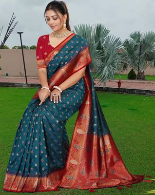 Teal Blue Banarasi Silk Blend Saree with Gold Zari Butta & Rich Red Woven Border by Maharanga 2