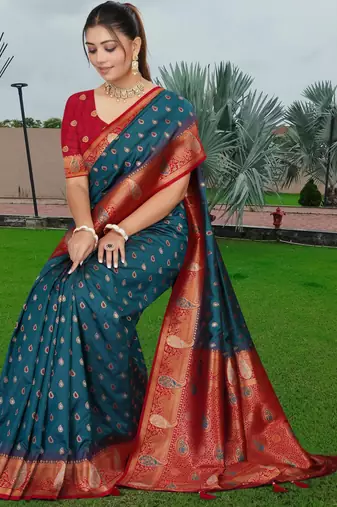 Teal Blue Banarasi Silk Blend Saree with Gold Zari Butta & Rich Red Woven Border by Maharanga