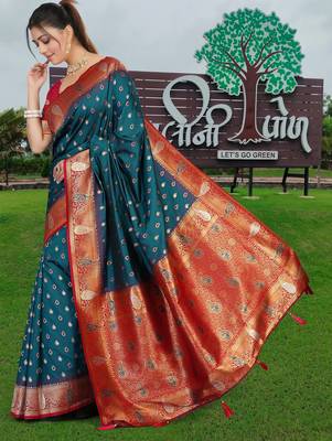Teal Blue Banarasi Silk Blend Saree with Gold Zari Butta & Rich Red Woven Border by Maharanga 3