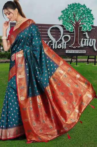 Teal Blue Banarasi Silk Blend Saree with Gold Zari Butta & Rich Red Woven Border by Maharanga