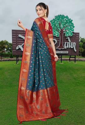 Teal Blue Banarasi Silk Blend Saree with Gold Zari Butta & Rich Red Woven Border by Maharanga 4