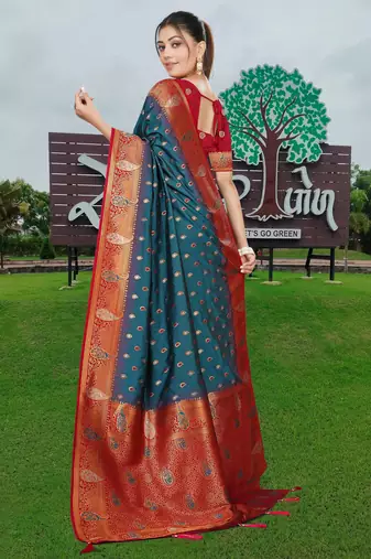 Teal Blue Banarasi Silk Blend Saree with Gold Zari Butta & Rich Red Woven Border by Maharanga