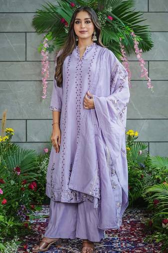Lavender Cotton Palazzo Suit With Thread Embroidery