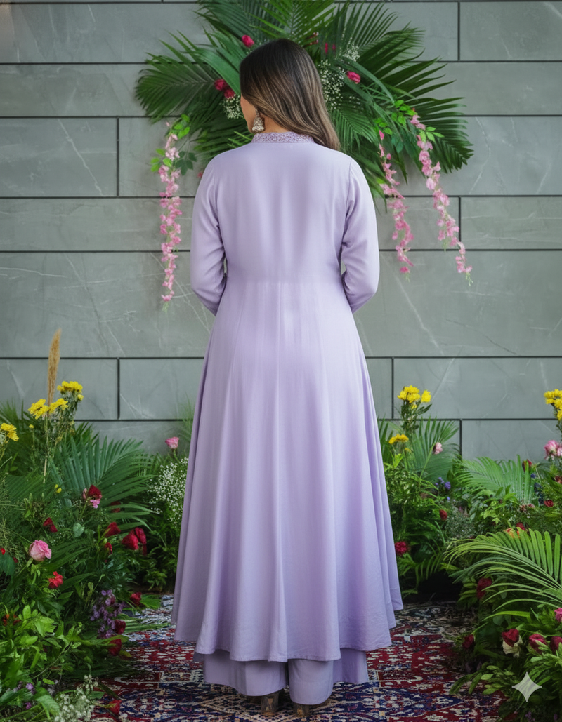 Lavender Cotton Palazzo Suit With Thread Embroidery