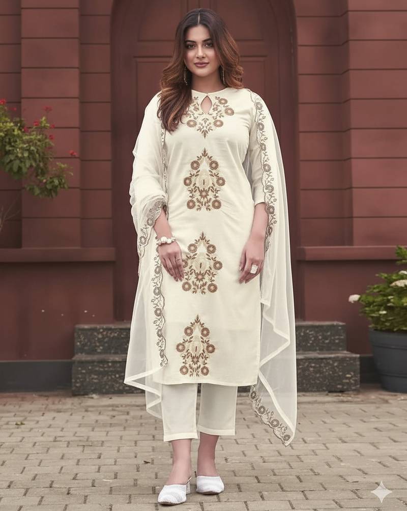 Cream Viscose Rayon Embroidered Straight Pant Suit