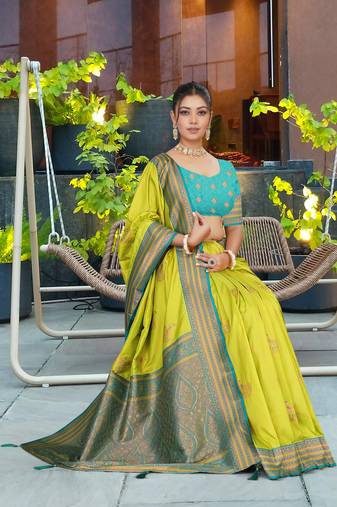 Lime Green Banarasi Silk Blend Saree with Teal Blue Zari Woven Border & Ethnic Motifs by Maharanga
