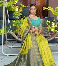 Lime Green Banarasi Silk Blend Saree with Teal Blue Zari Woven Border & Ethnic Motifs by Maharanga