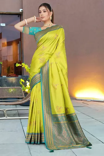 Lime Green Banarasi Silk Blend Saree with Teal Blue Zari Woven Border & Ethnic Motifs by Maharanga