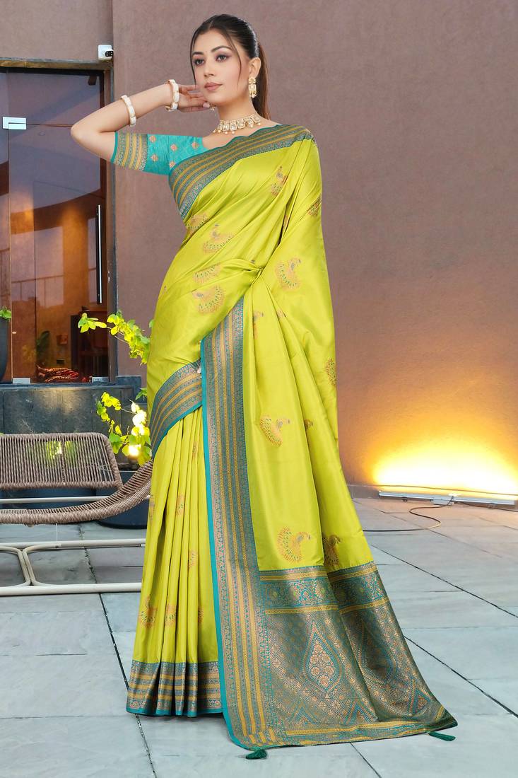 Lime Green Banarasi Silk Blend Saree with Teal Blue Zari Woven Border & Ethnic Motifs by Maharanga