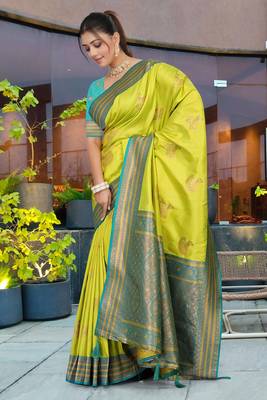 Lime Green Banarasi Silk Blend Saree with Teal Blue Zari Woven Border & Ethnic Motifs by Maharanga 3