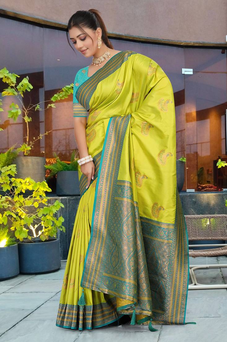 Lime Green Banarasi Silk Blend Saree with Teal Blue Zari Woven Border & Ethnic Motifs by Maharanga
