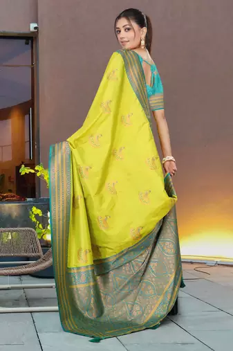 Lime Green Banarasi Silk Blend Saree with Teal Blue Zari Woven Border & Ethnic Motifs by Maharanga