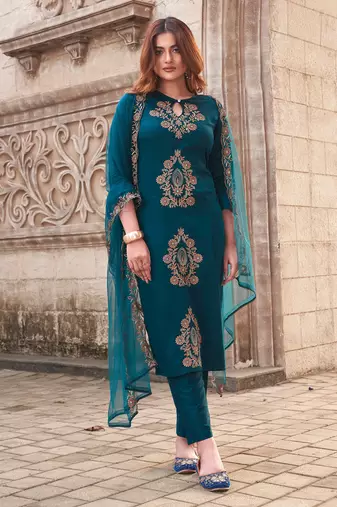 Teal Viscose Rayon Embroidered Straight Pant Suit