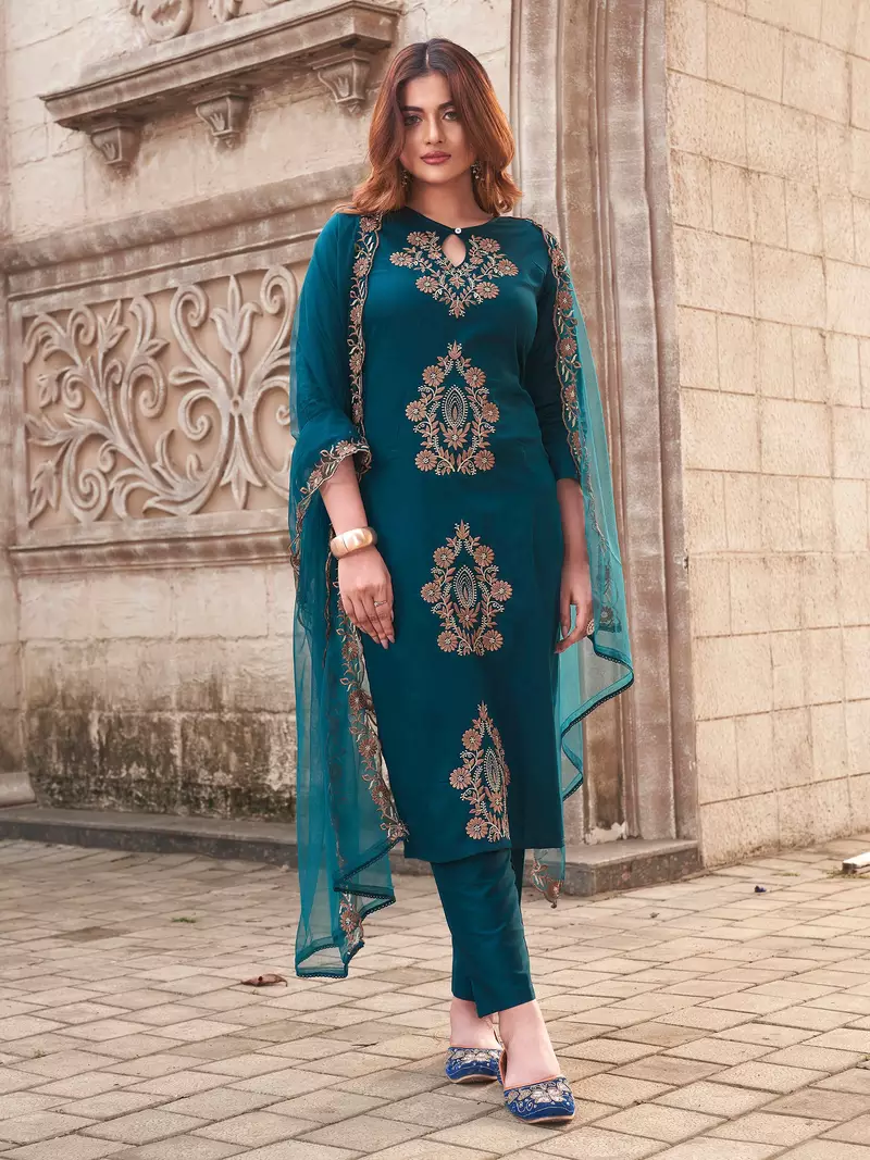 Teal Viscose Rayon Embroidered Straight Pant Suit