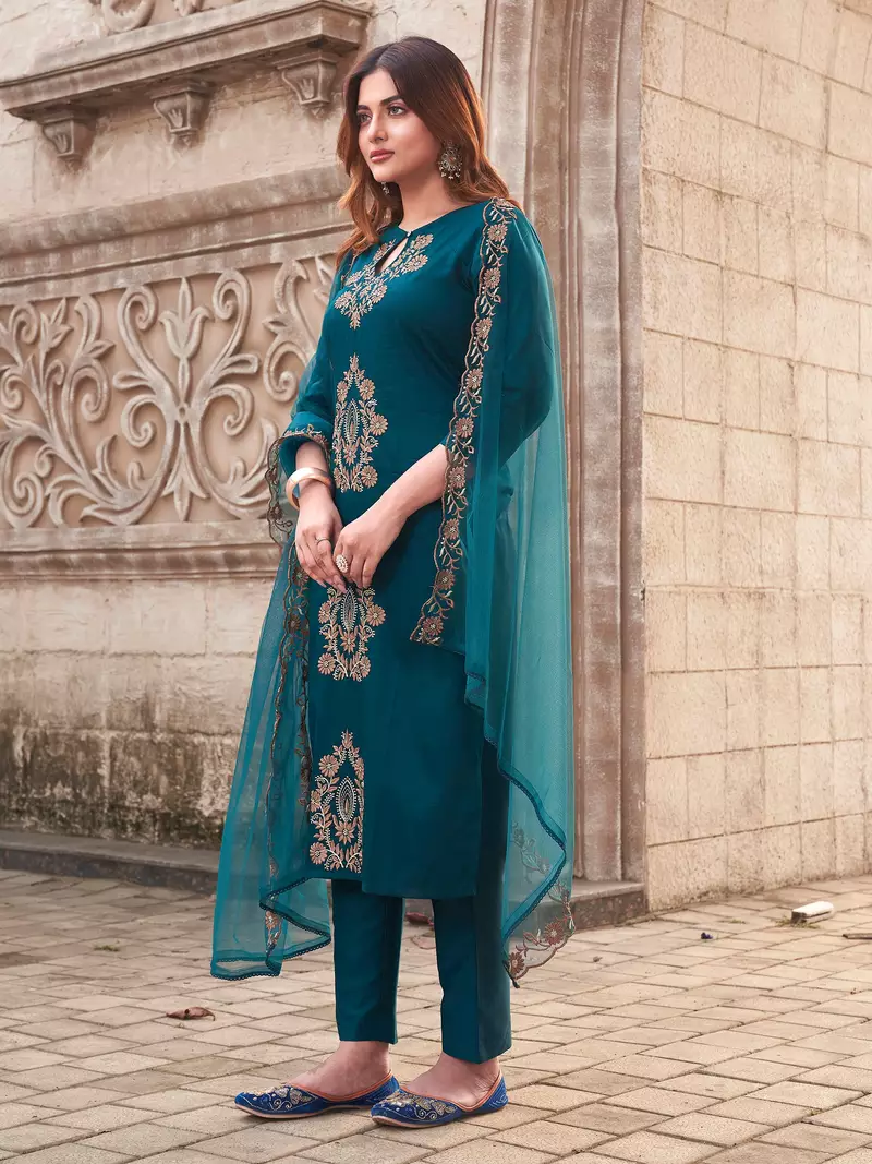 Teal Viscose Rayon Embroidered Straight Pant Suit