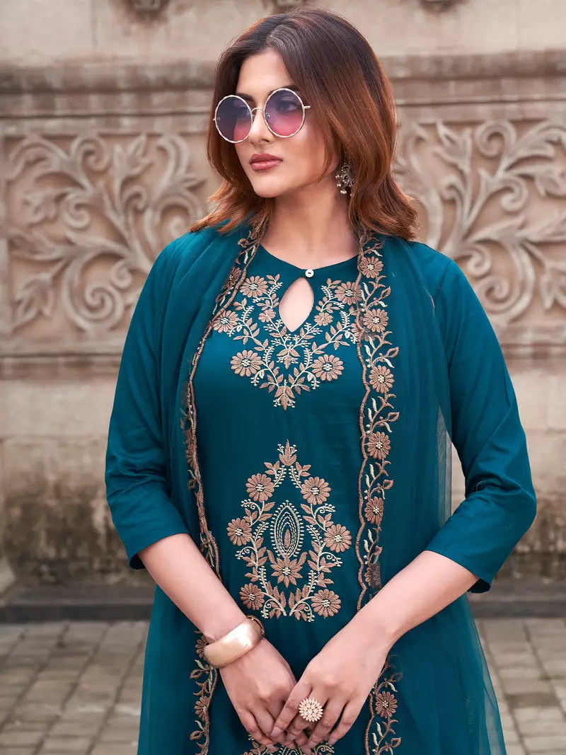 Teal Viscose Rayon Embroidered Straight Pant Suit