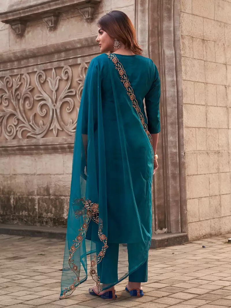 Teal Viscose Rayon Embroidered Straight Pant Suit